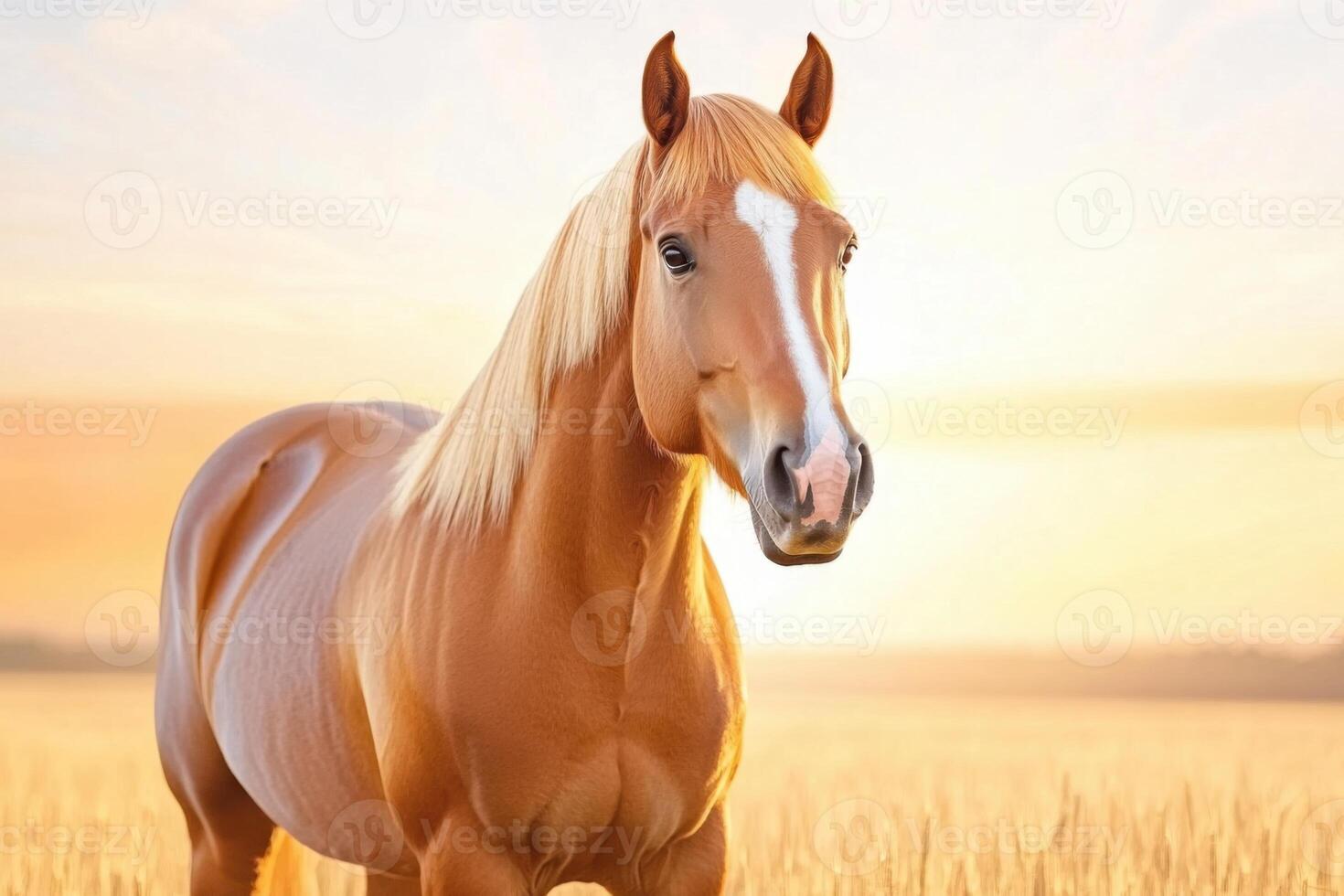 Horse stands gracefully in a golden meadow during a stunning sunset with warm orange tones in the sky photo