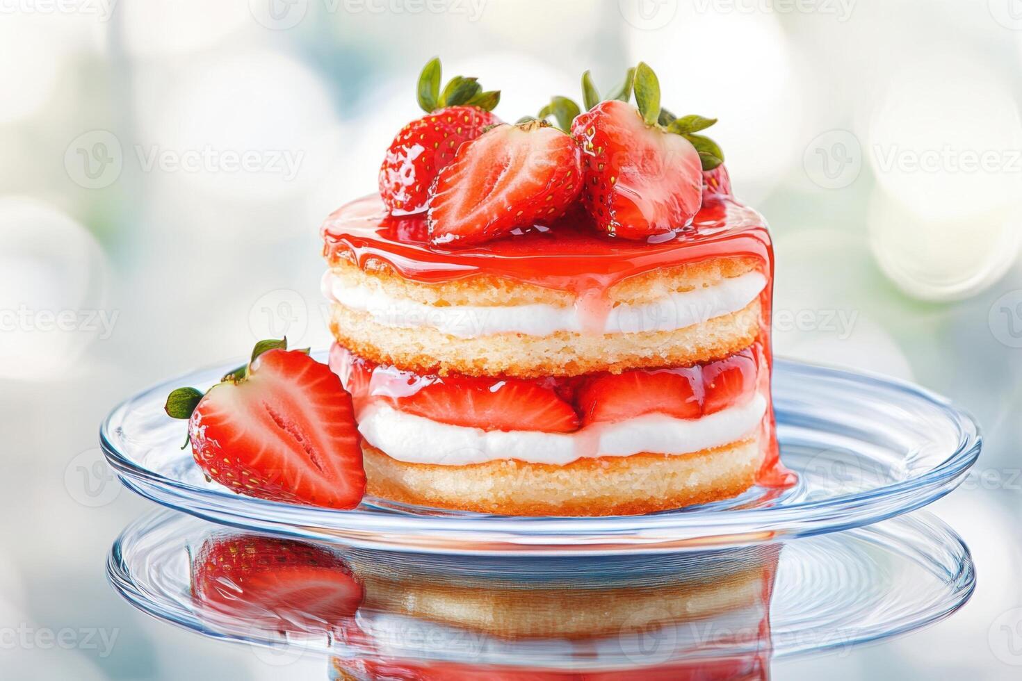 Layered strawberry shortcake with glossy glaze and fresh strawberries on a mirrored plate creates an elegant dessert display photo
