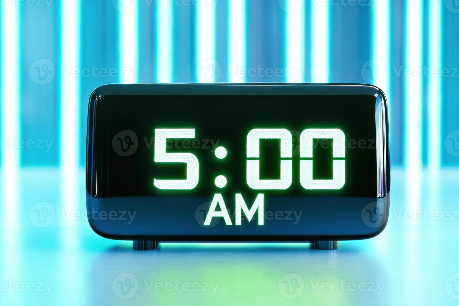 Digital alarm clock displays glowing green numbers at 5 AM in a futuristic metallic environment with soft blue neon lighting photo