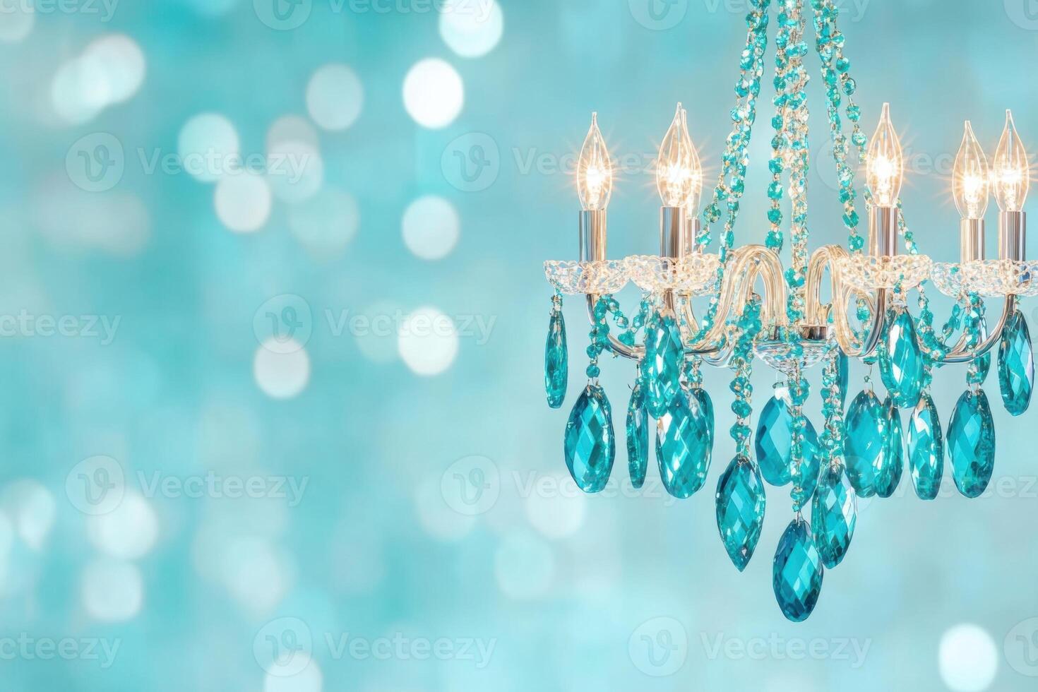 Elegant chandelier with turquoise crystals illuminating a dimly lit room and creating mesmerizing light patterns photo