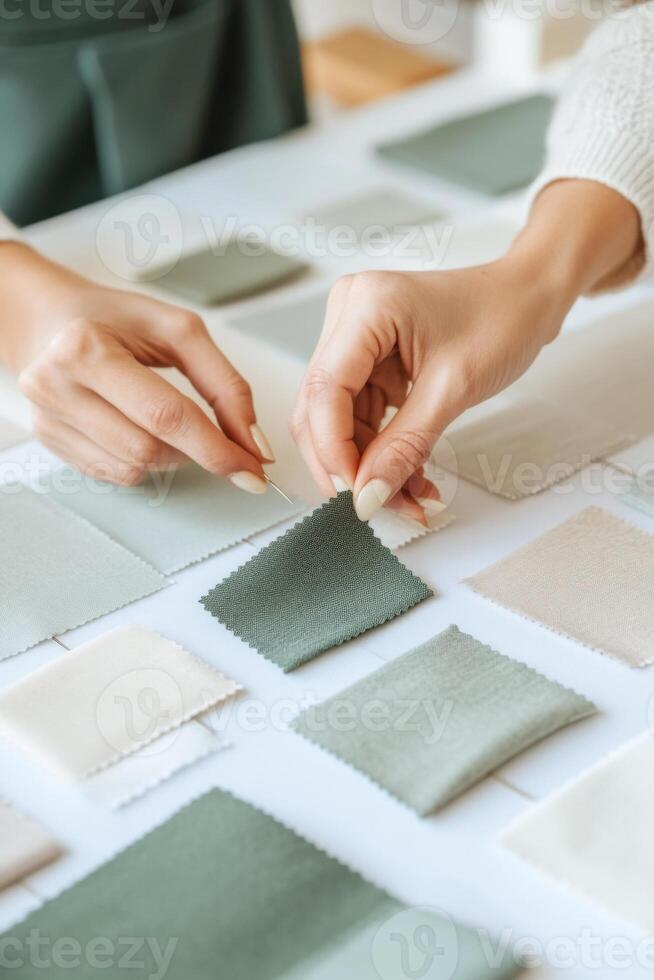Fashion designer arranging fabric swatches in muted green and gray tones on a vision board in a contemporary workspace photo