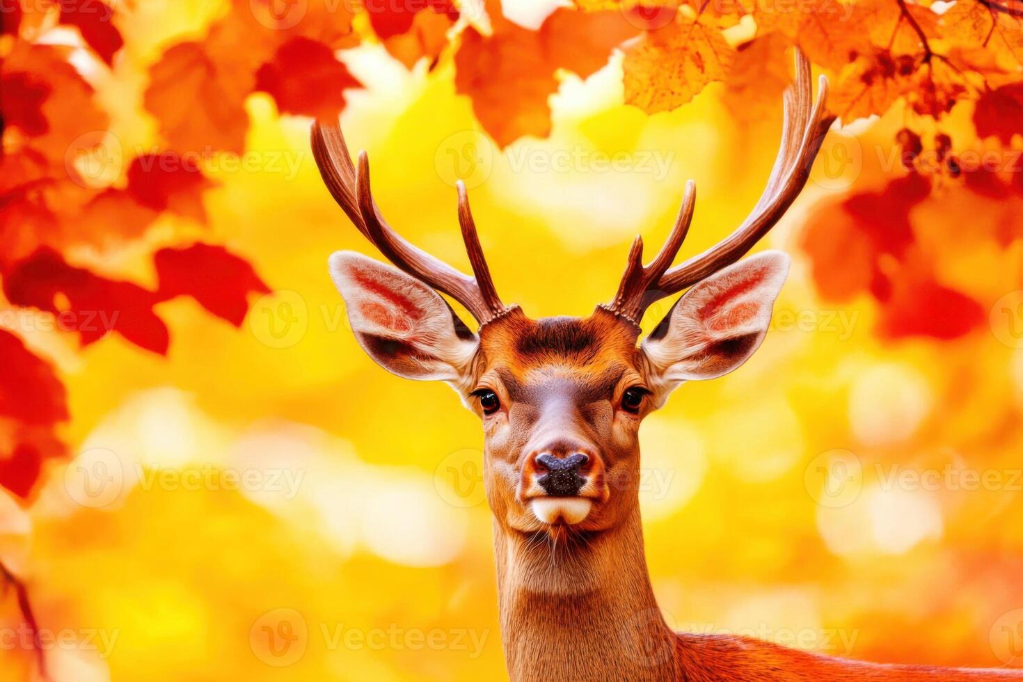 Majestic stag standing proudly in an autumn forest with vibrant red and orange leaves and misty surroundings photo