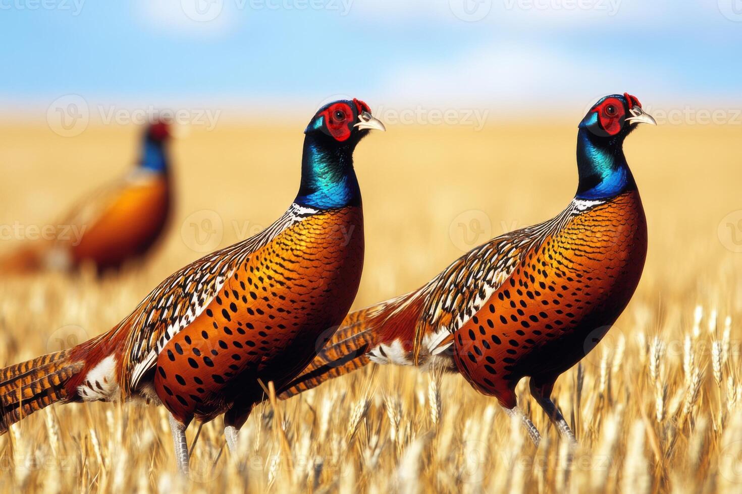 Pheasants wander through tall golden grass under the bright sunlight in an expansive field photo