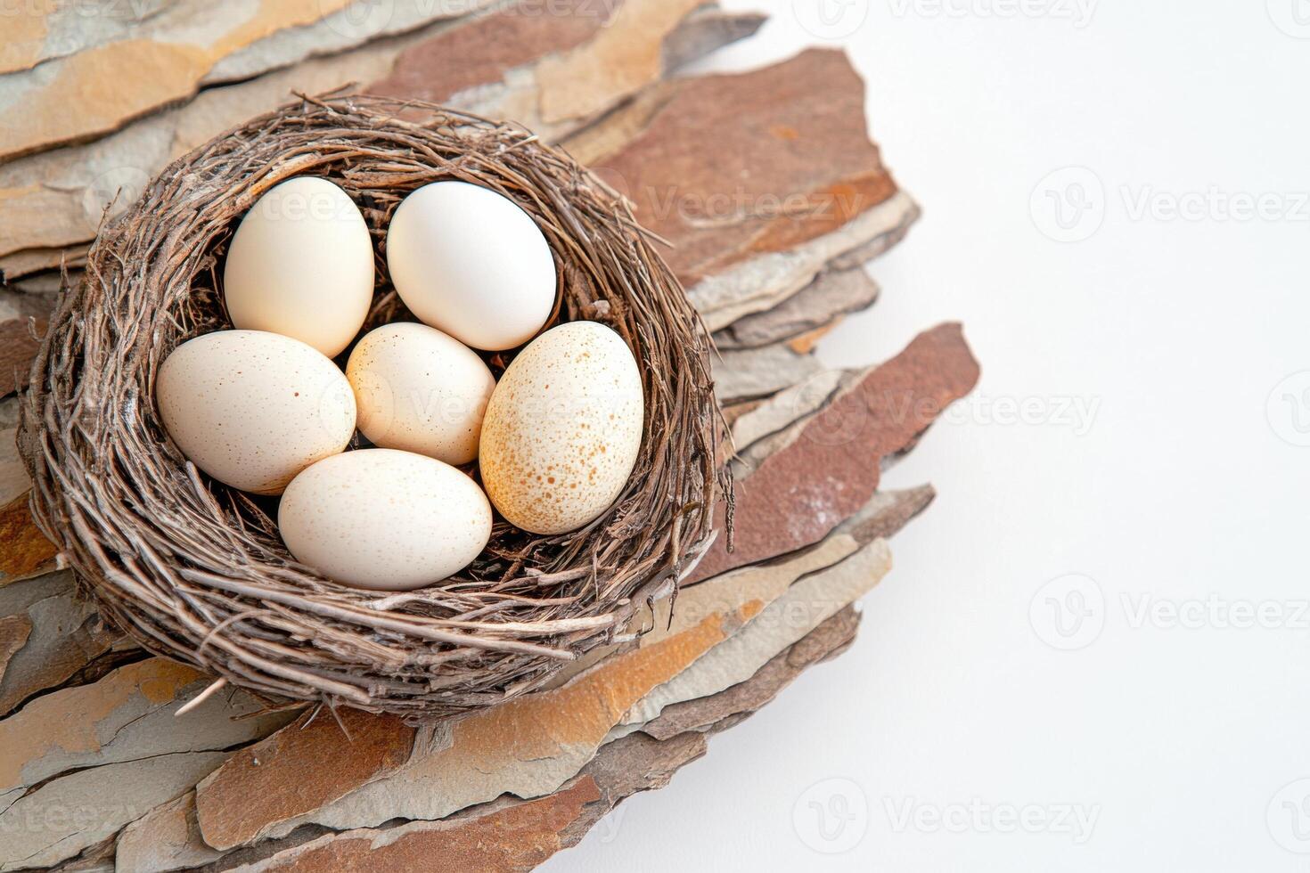 Bird nest resting peacefully on a natural tree branch with soft beige eggs nestled inside photo