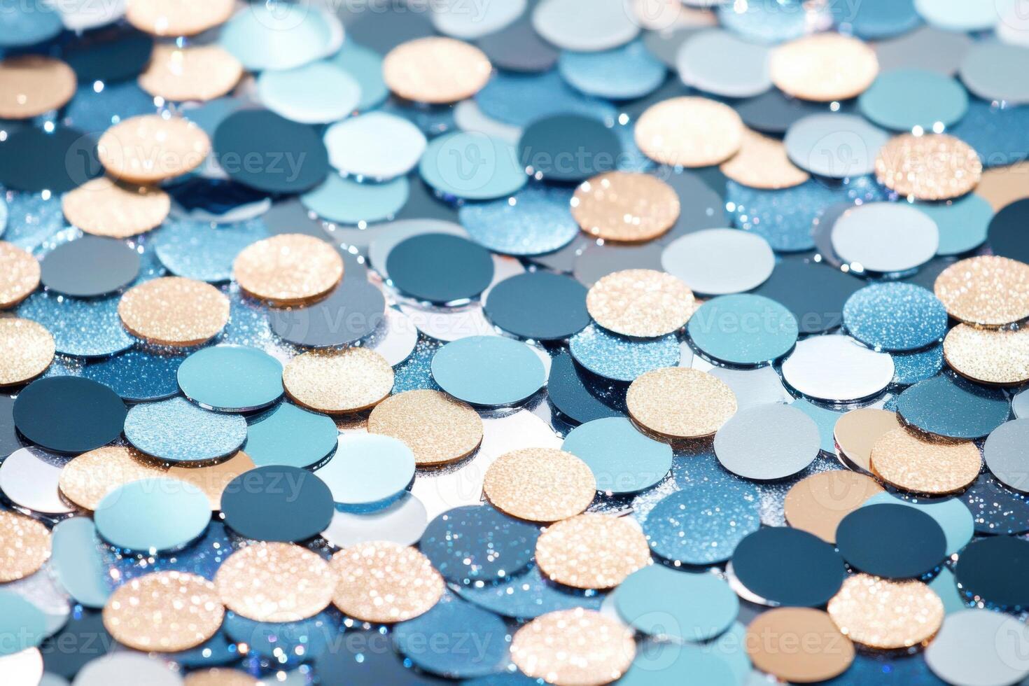Close-up view of golden sequins and glitter creating an abstract textured surface under soft lighting with a blurred backdrop photo