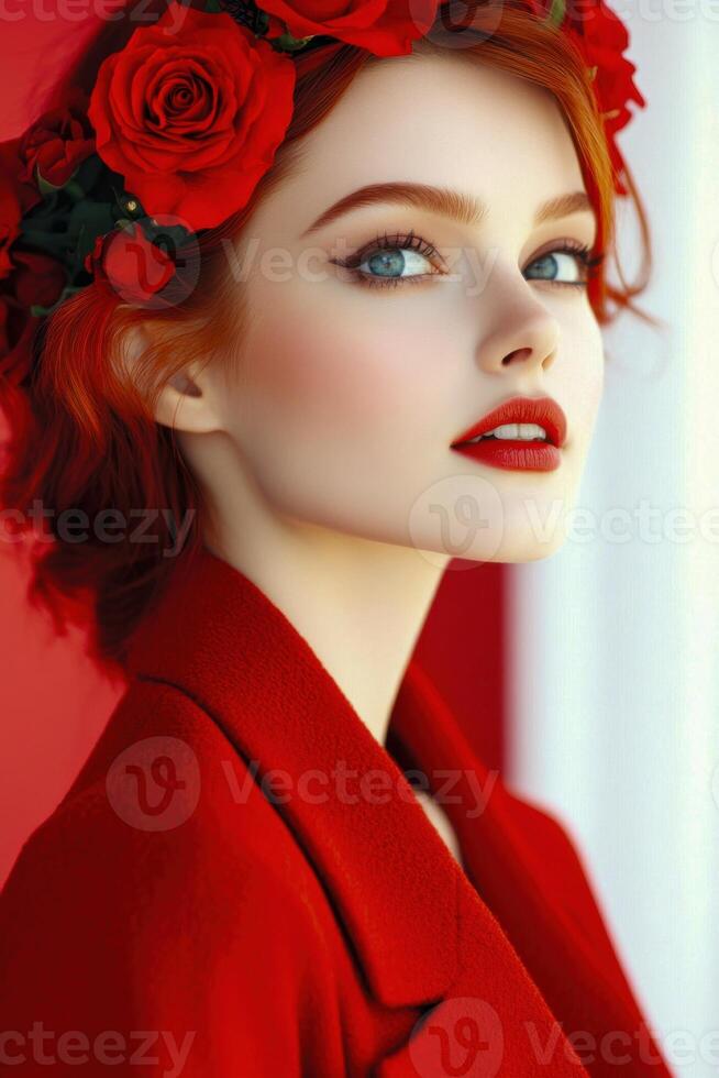 Woman with rich auburn hair wearing a striking red outfit and a floral crown poses elegantly against a vibrant backdrop photo