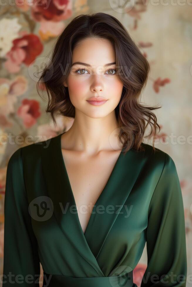 Elegant woman in olive green dress posing against rustic floral backdrop with warm red and beige accents photo