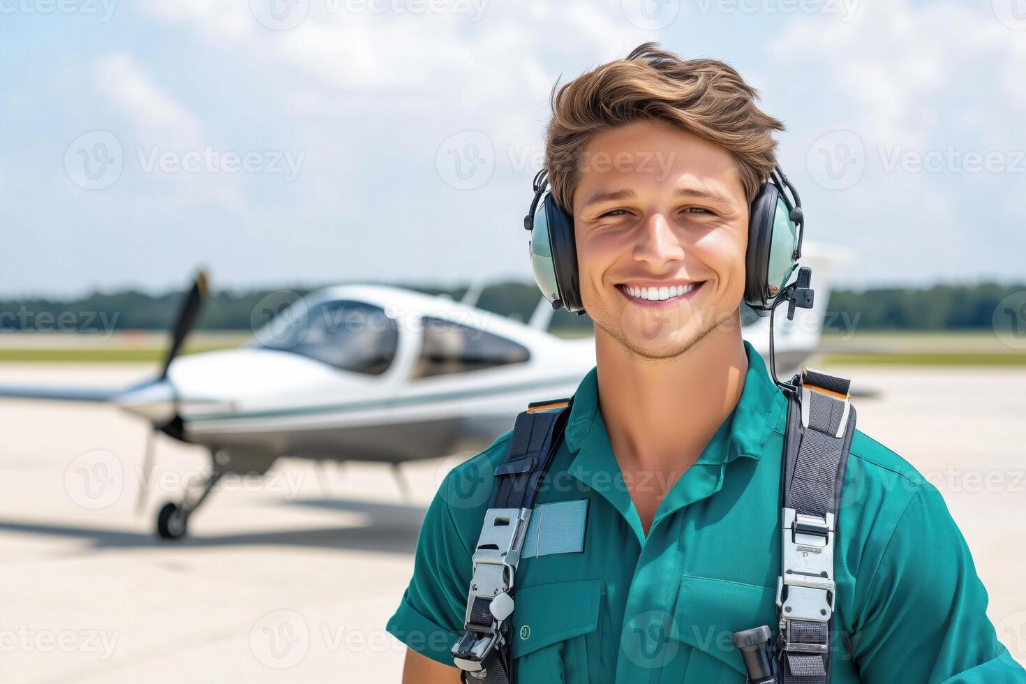 Confident pilot in teal uniform stands beside small airplane in muted gray tones at regional airport during sunny day photo