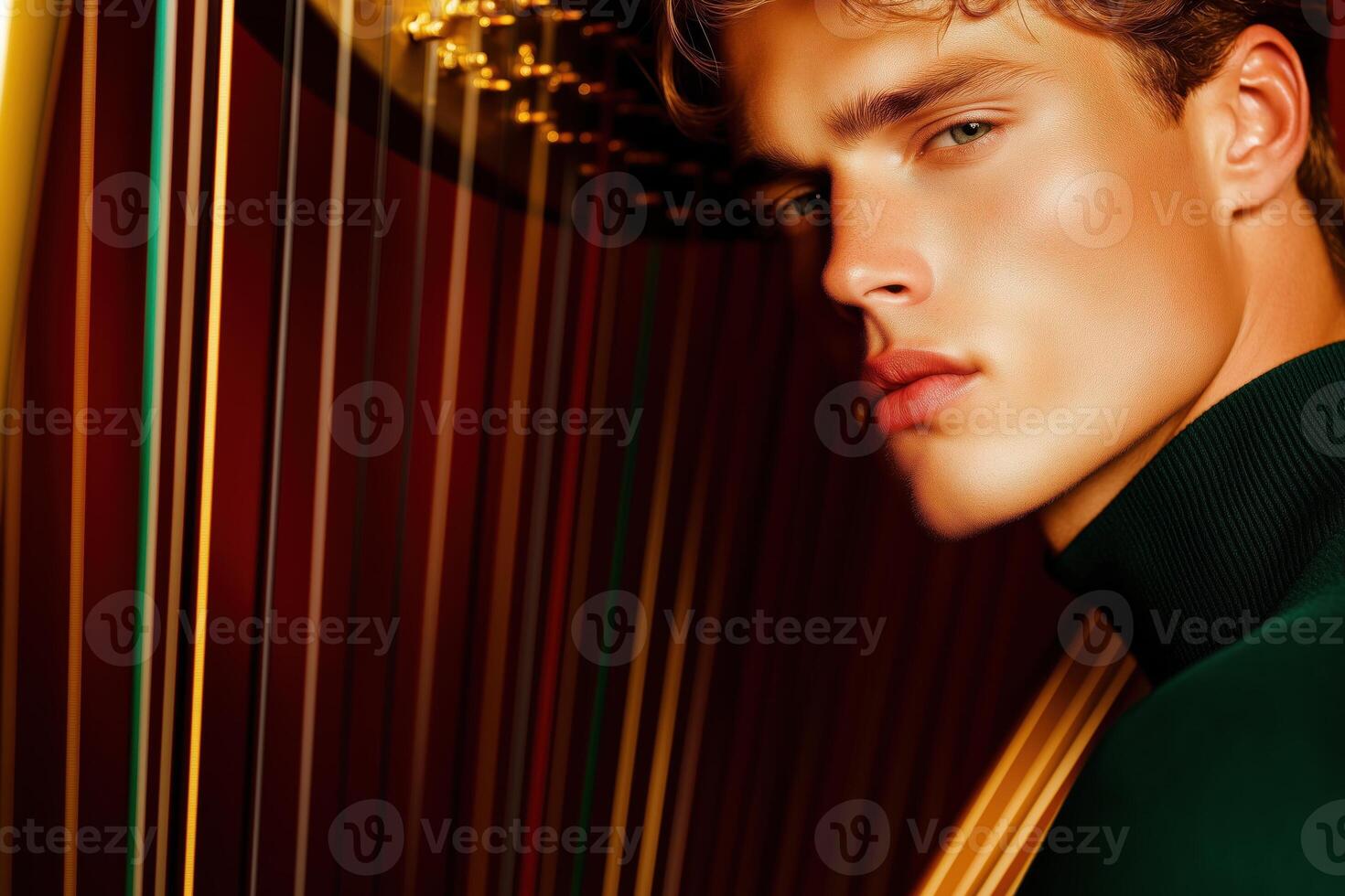 Musician plays antique golden harp in room adorned with burgundy velvet curtains, showcasing artistic expression and passion in a richly styled atmosphere photo