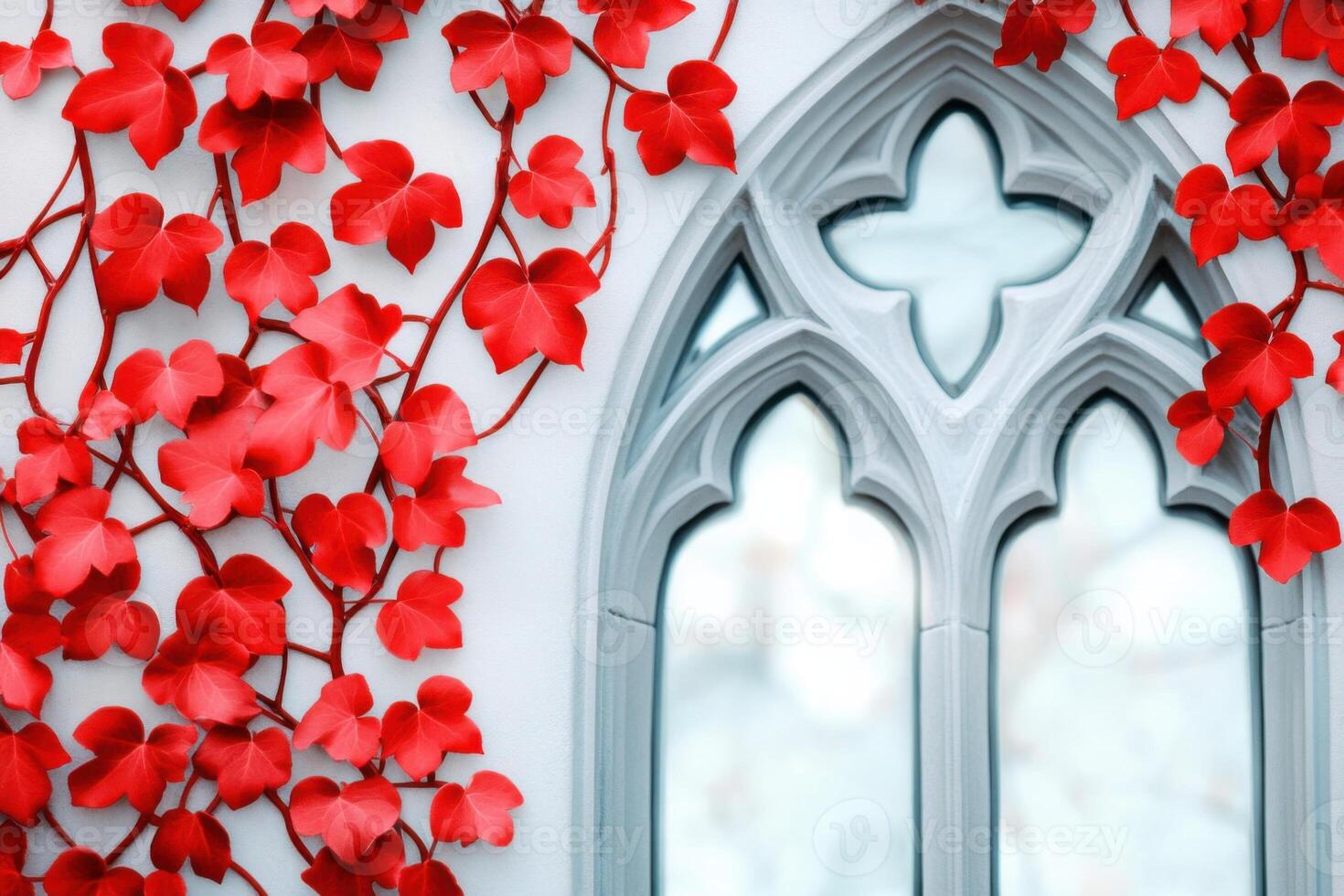 Gothic-style window framed by vibrant red ivy with sunlight creating intricate patterns on stone wall photo