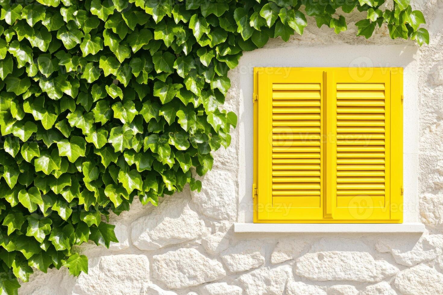 Minimalistic yellow window frame with shutters on a stone wall adorned with lush green ivy under soft sunlight photo