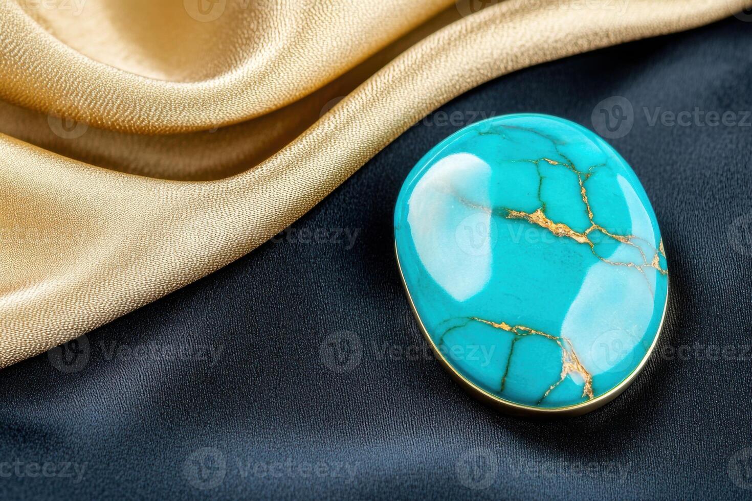 Turquoise gem resting on a black velvet surface with golden satin creating dramatic reflections and shadows photo
