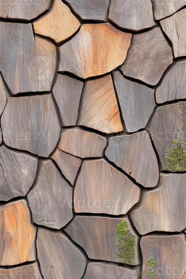 Close up view of textured tree bark displaying warm brown and muted green moss in a natural setting photo