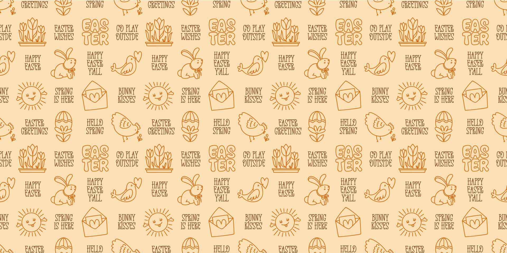 Easter hand-drawn doodle and lettering seamless pattern. Cute color monochrome spring symbols chickens, rabbits, eggs and flowers and short festive phrases vector