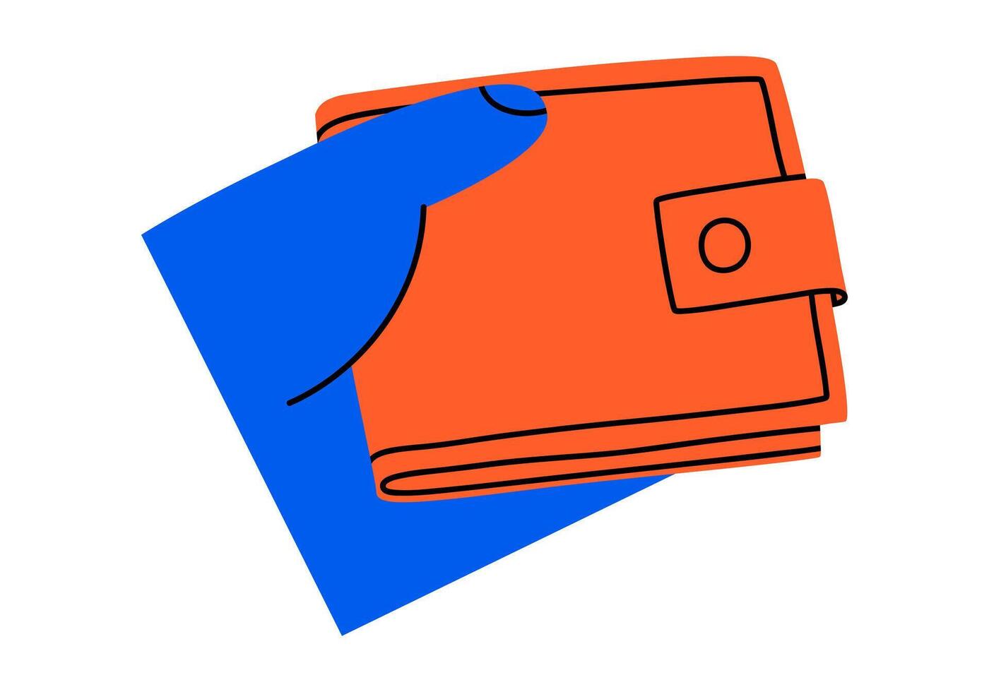 Hand drawn cute cartoon illustration of hand holding closed wallet. Flat money currency with human arm sticker doodle. Shopping or payment icon or print. Online paying method. Isolated. vector