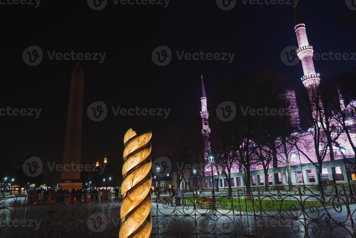 Nighttime View of Sultan Ahmed Mosque and Historical Landmarks in Istanbul photo