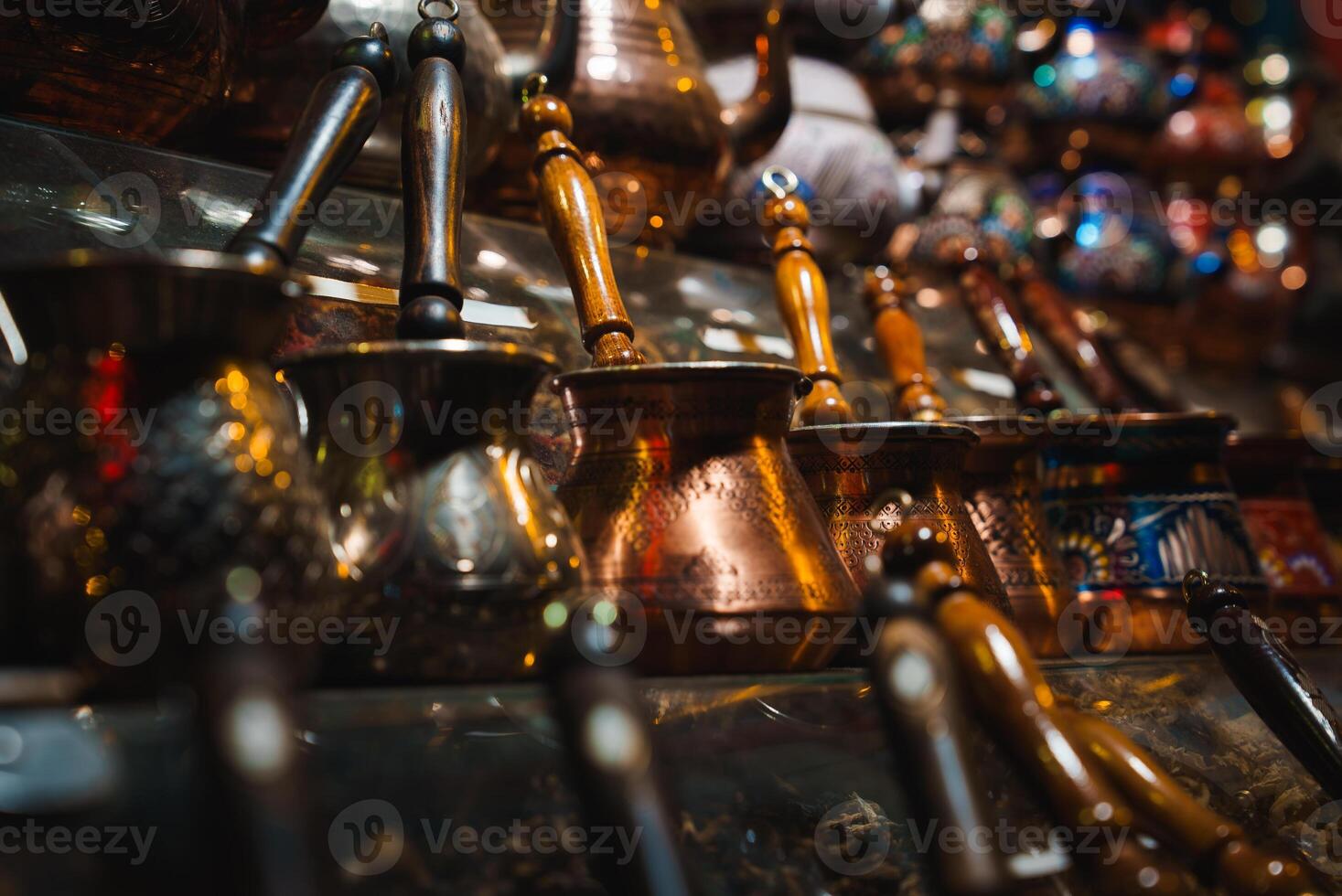 Traditional Turkish Coffee Pots Displayed in Istanbul Bazaar photo