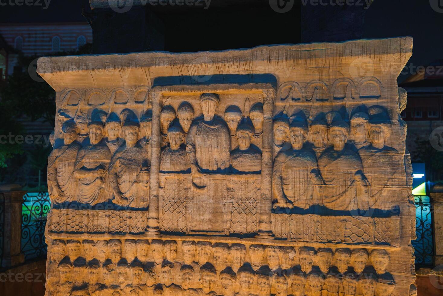 Illuminated Stone Relief on the Obelisk of Theodosius at Night photo