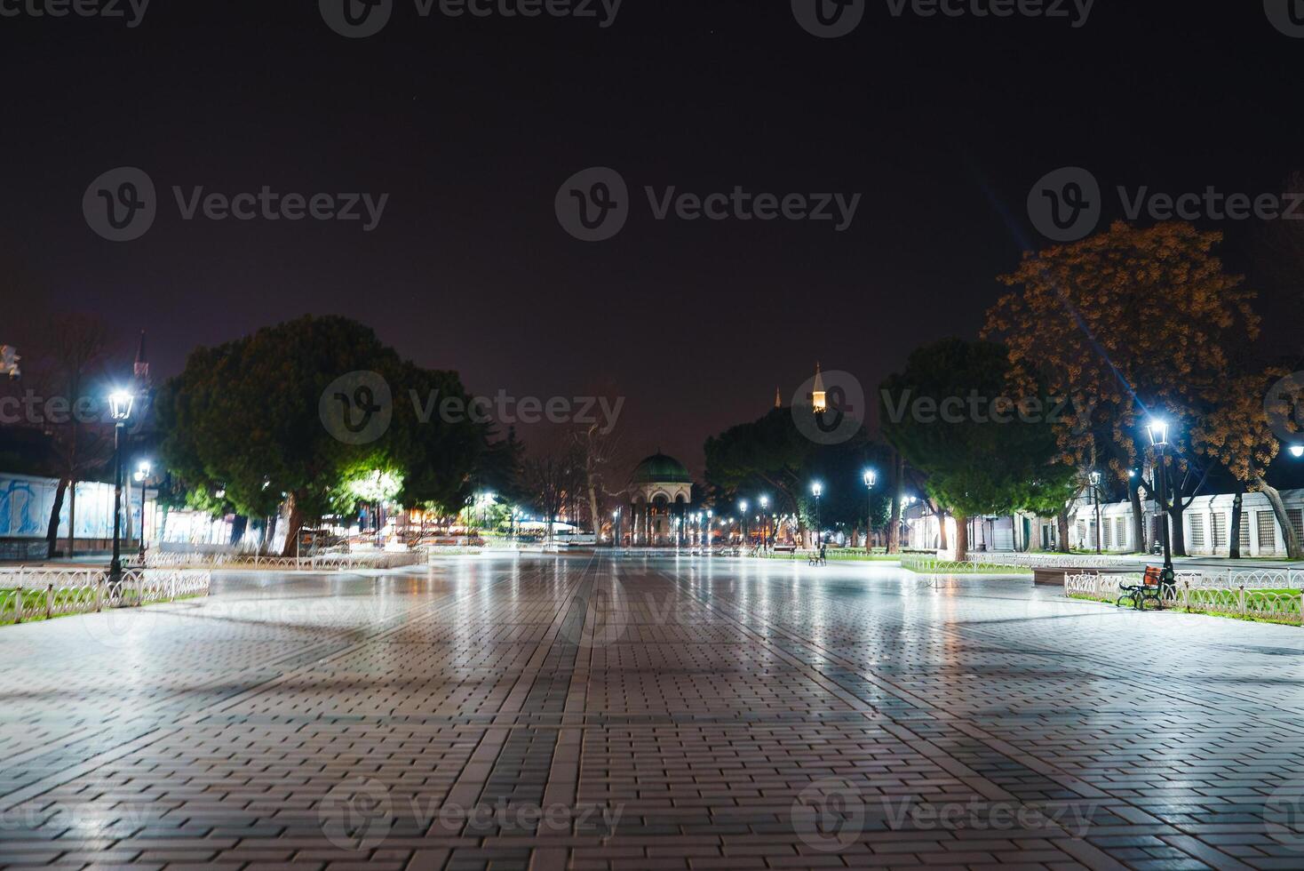 Nighttime View of Sultanahmet Square and German Fountain in Istanbul photo