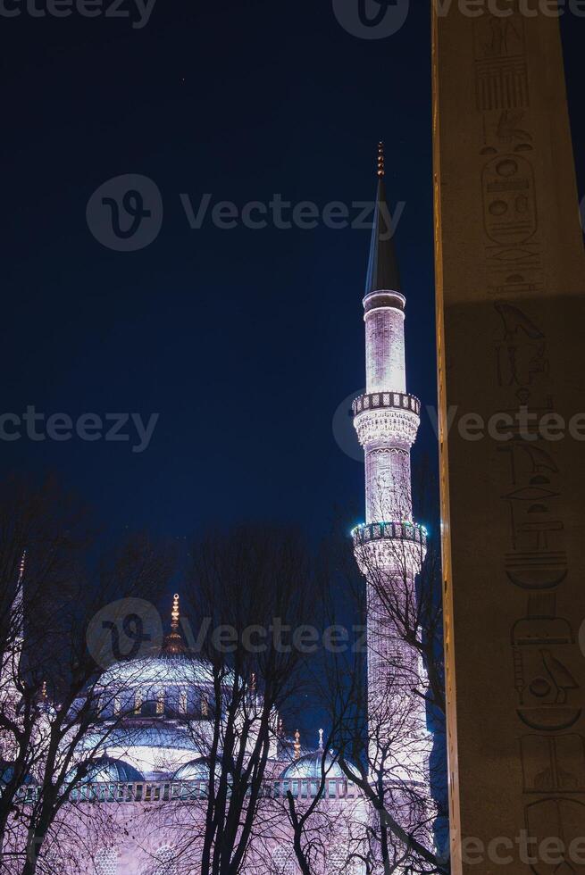 Sultan Ahmed Mosque and Obelisk of Theodosius at Night in Istanbul photo