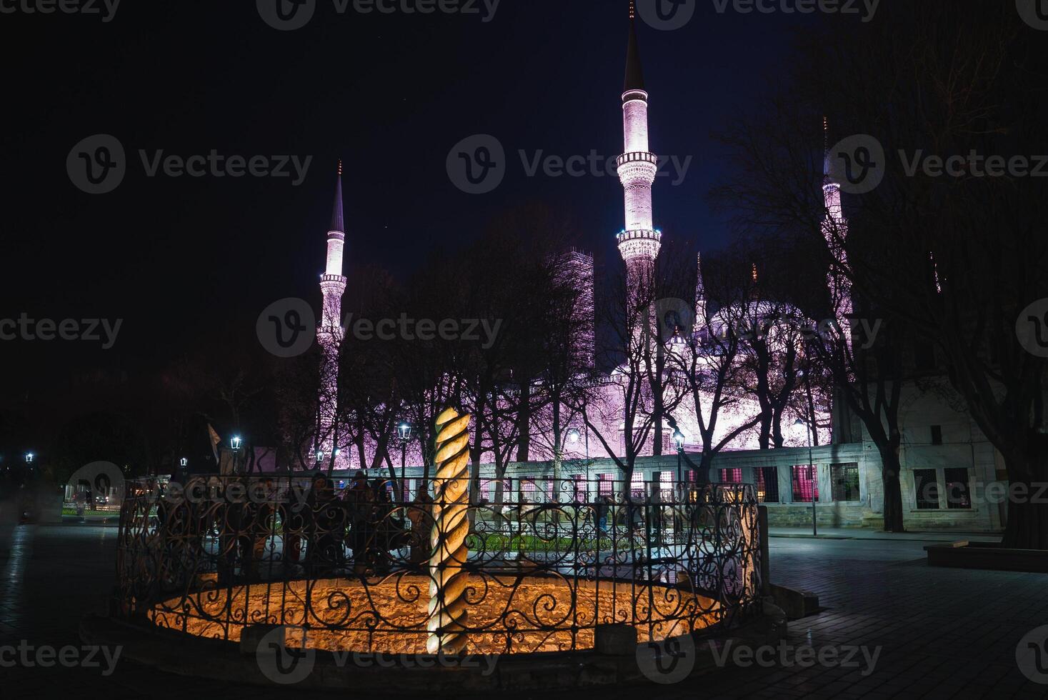 The Sultan Ahmed Mosque in Istanbul glows with soft pink light at night, with six minarets and the Serpent Column framed by trees under a dark sky. photo