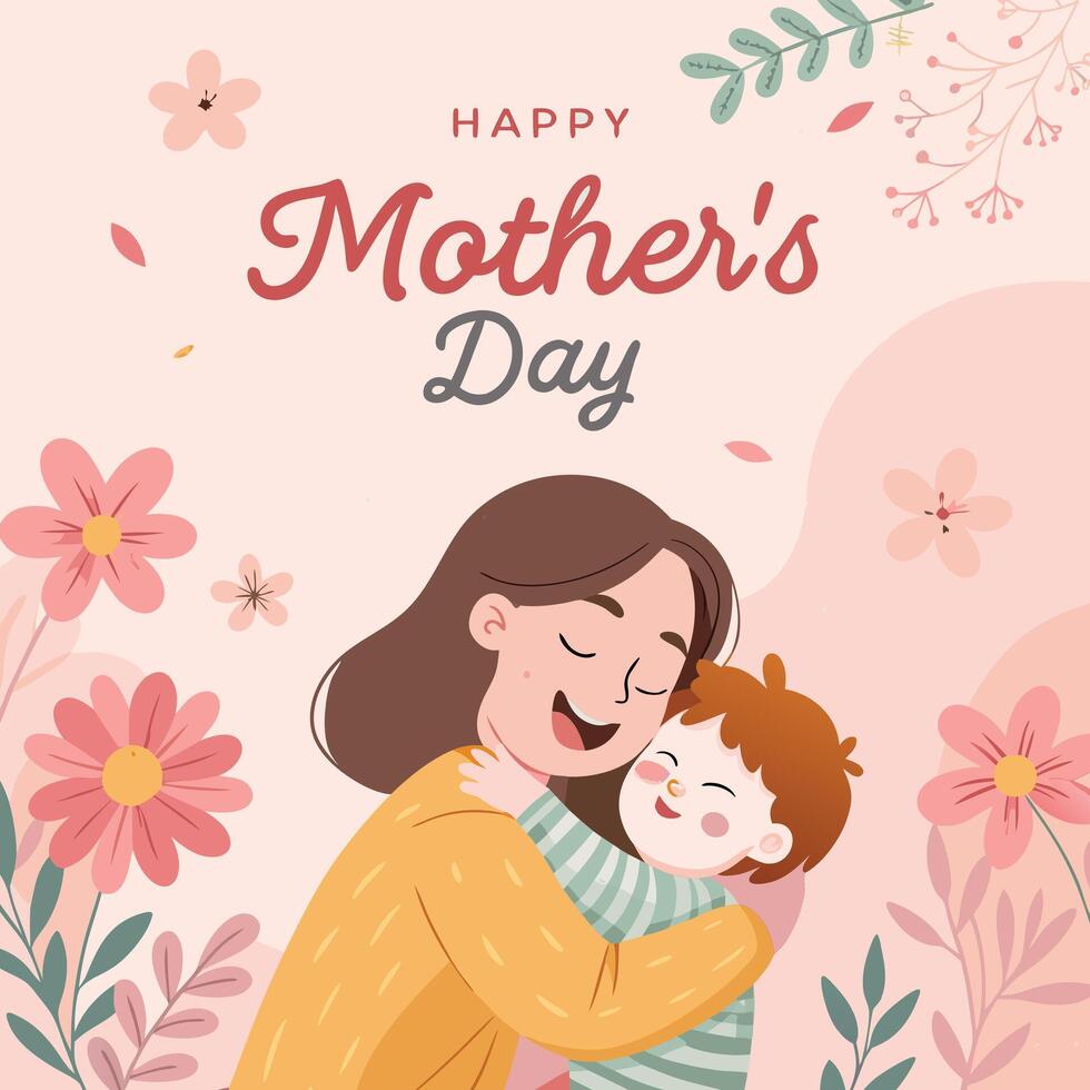 Happy Mother's Day, Mother and Child Hugging in a Floral Design vector