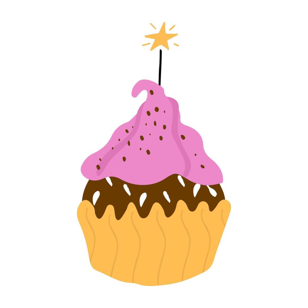 Festive cupcake with star in hand style. Birthday, wedding or anniversary. Holiday baking.Confectionery product on an isolated background. vector