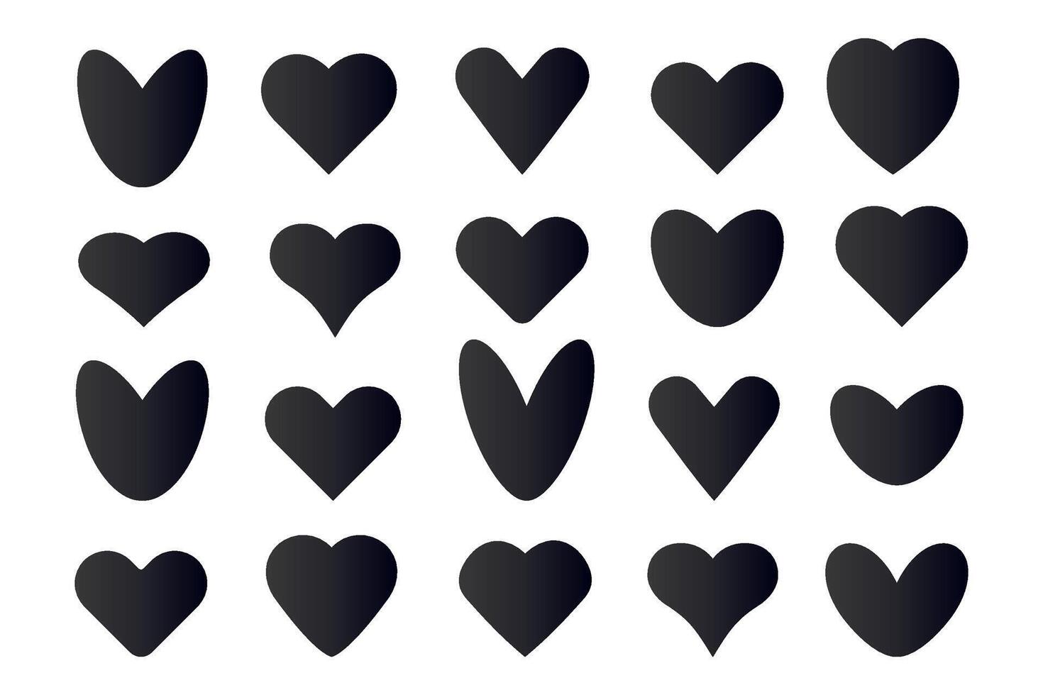 Big set of black hearts of different shapes on white isolated background. Design elements for Valentine's Day, websites, wedding. vector