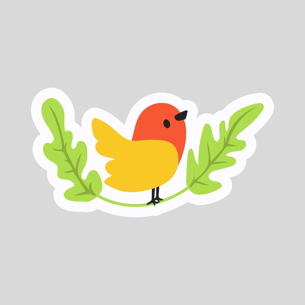 Bird on leaf ecology sticker in flat design. illustration isolated. vector