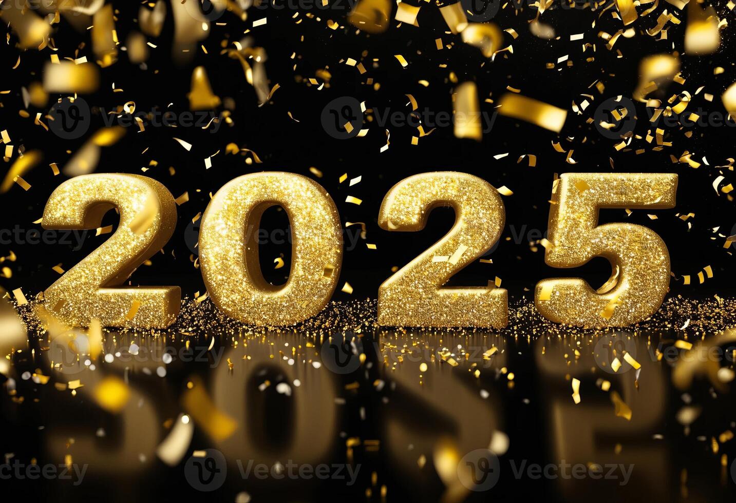An elegant celebration of the year 2025 with golden confetti on a black background. photo