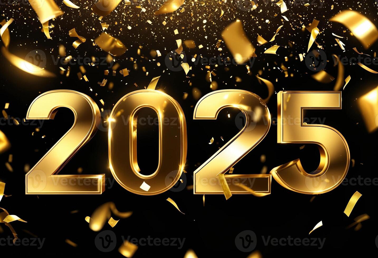An elegant celebration of the year 2025 with golden confetti on a black background. photo