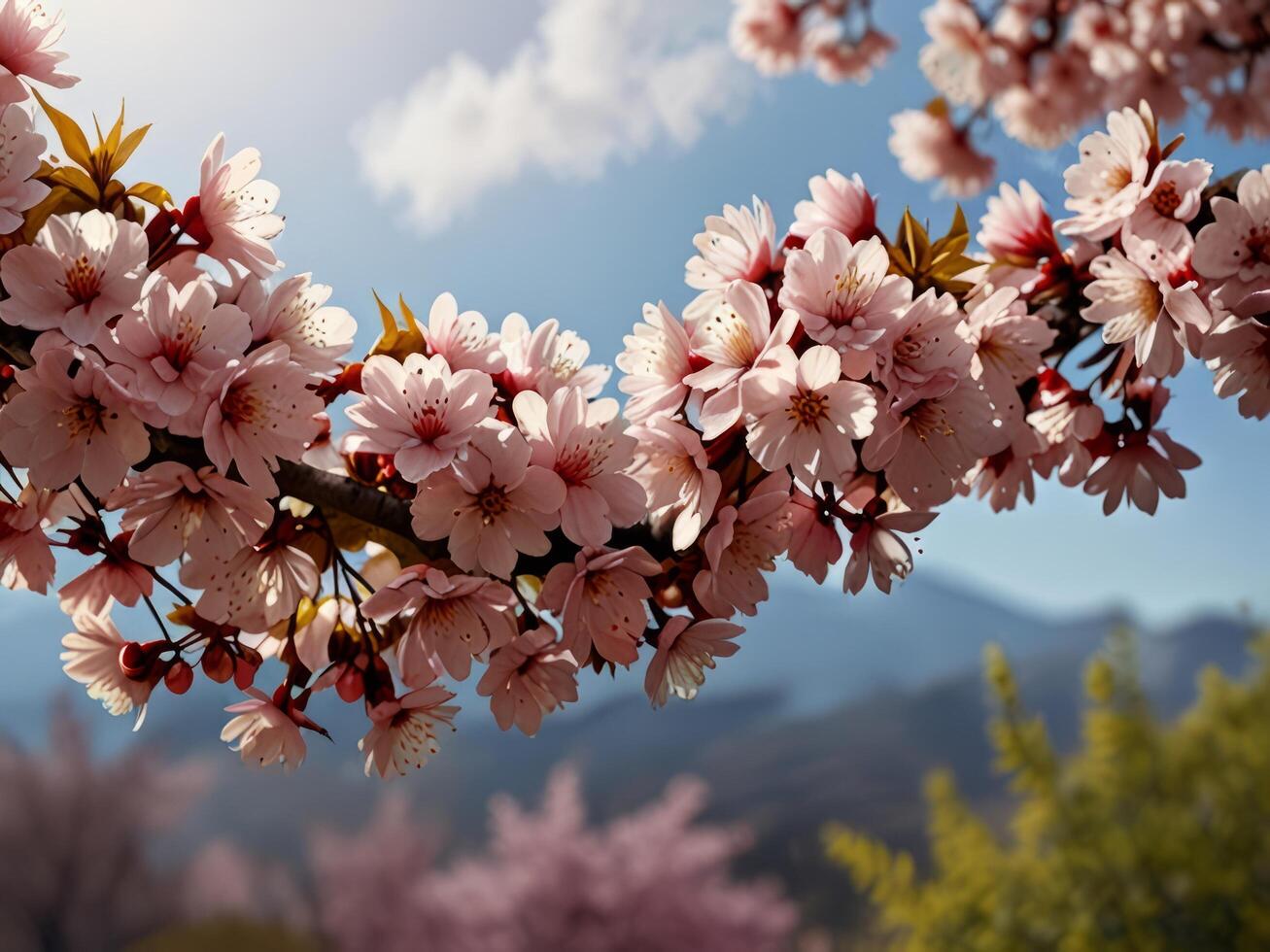 Closeup of pink cherry blossom flowers on branches photo
