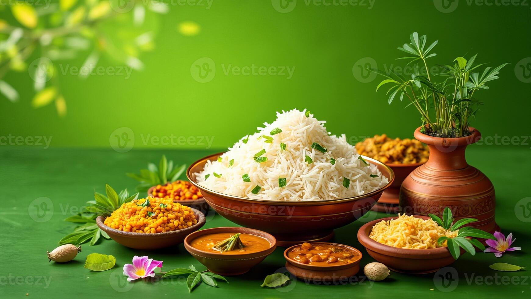 Traditional food onasadya. Onam food with sadhya rice on green background. Happy Onam, harvest festival. Indian religious concept. Banner with copy space photo