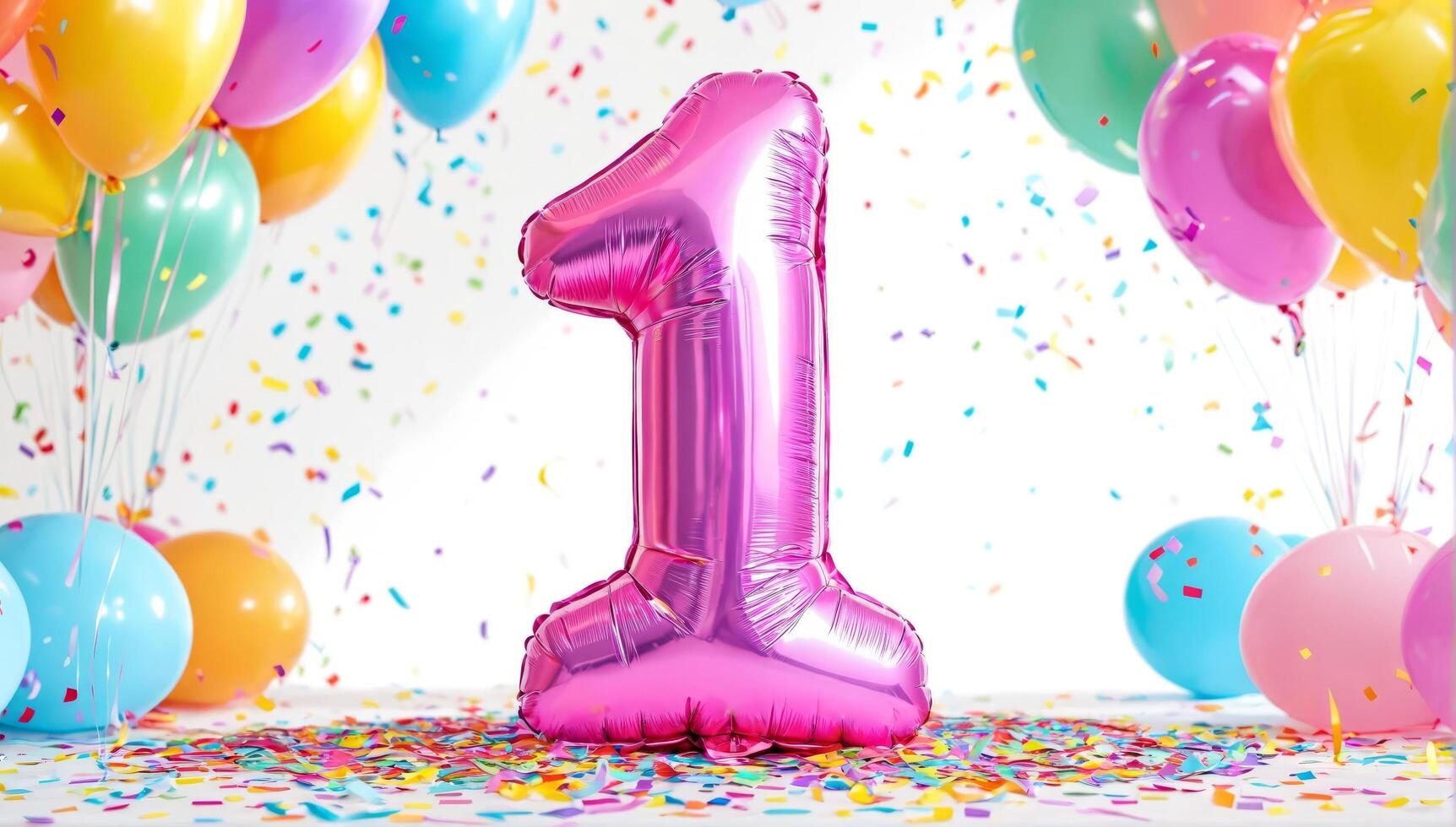 Pink-themed celebration for a one-year-old with balloons, confetti, and large number 1 balloon. photo