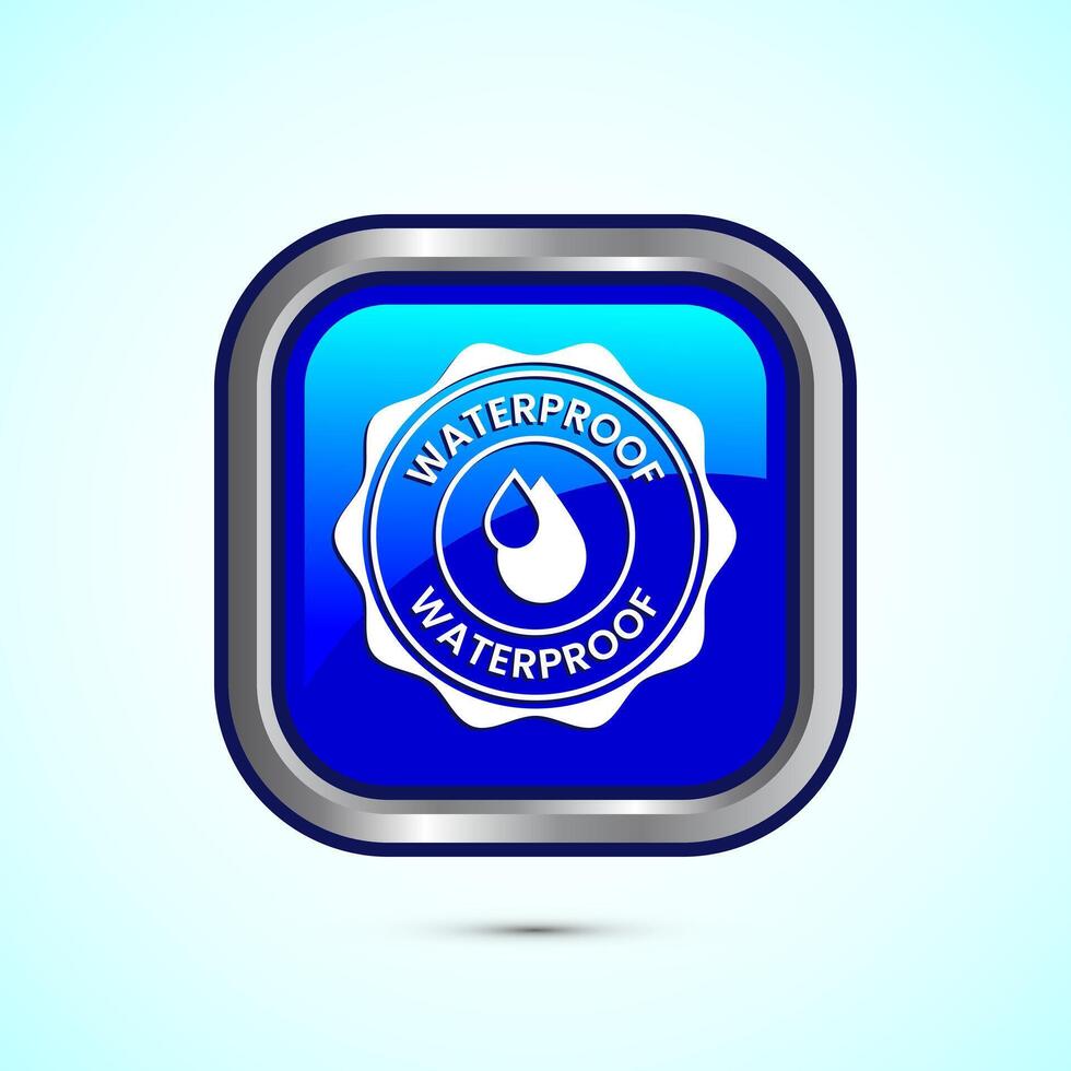 Waterproof icon design illustration, water resistant signs, liquid proof protection. Blue color square button design vector