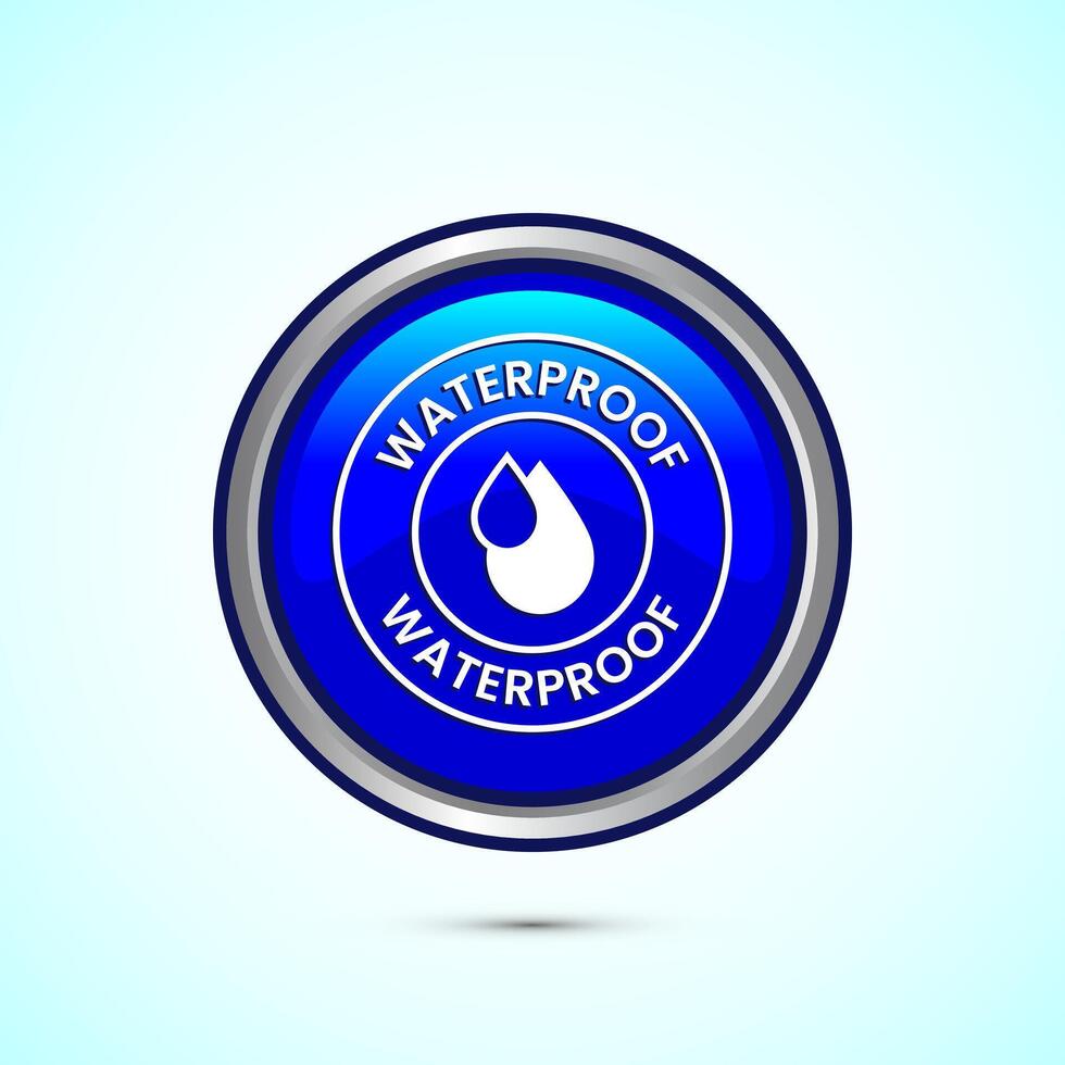 Waterproof icon design illustration, water resistant signs, liquid proof protection. Blue color round button design vector