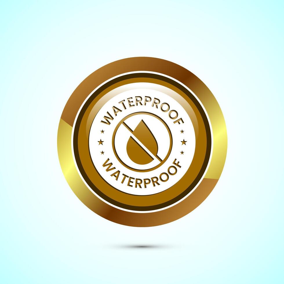 Waterproof icon design illustration, water resistant signs, liquid proof protection. Gold color round button design vector
