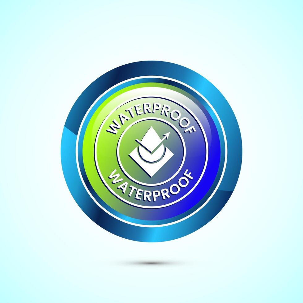 Waterproof icon design illustration, water resistant signs, liquid proof protection. Glossy round button design vector