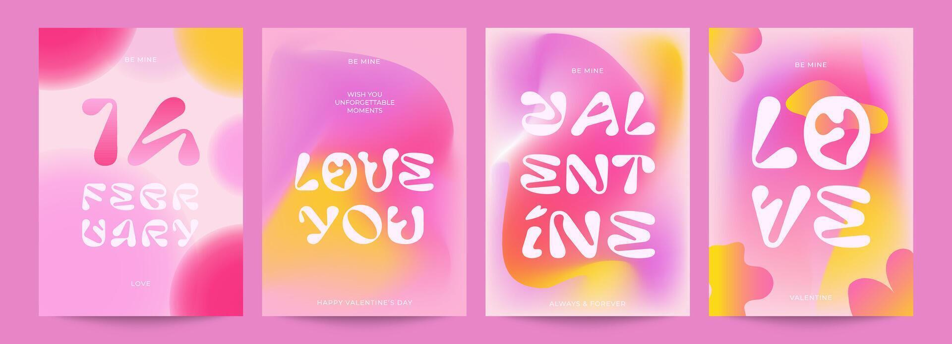 4 Valentine's Day cards, pink and yellow gradient, creative typography, abstract modern style, romantic mood. Suitable for printing, design of social networks, banners, advertising and greetings. vector
