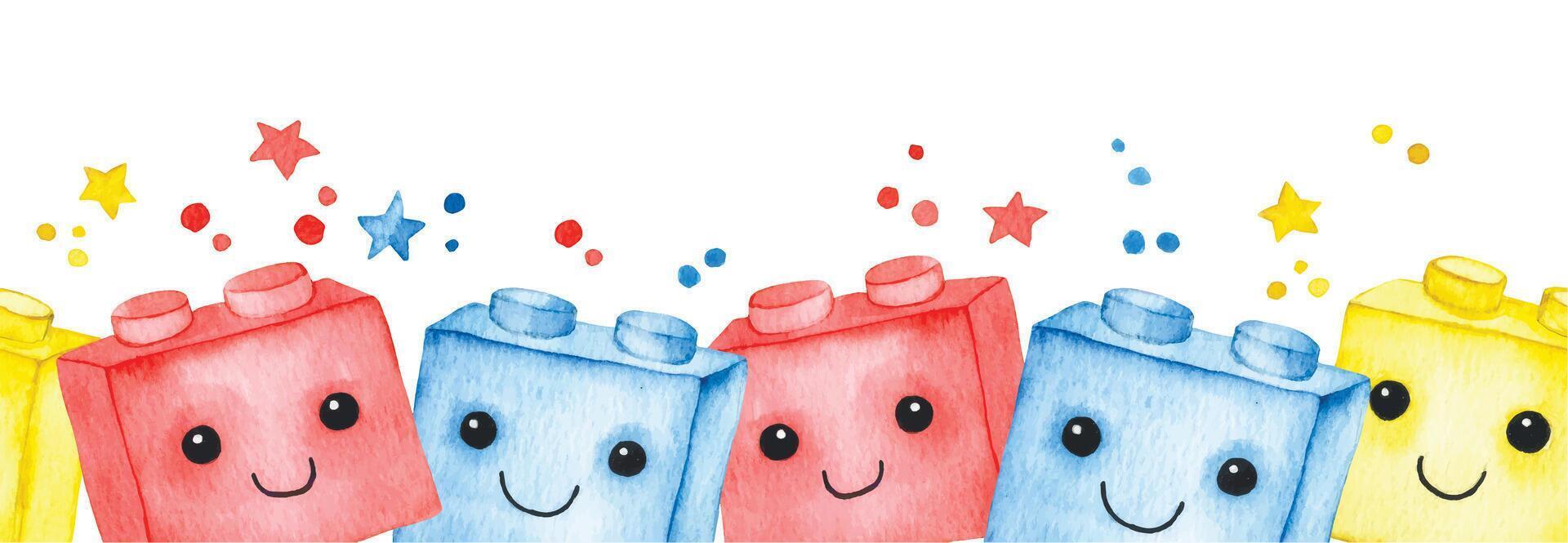 cute seamless border for children, toy brick block. frame for boys, watercolor illustration vector
