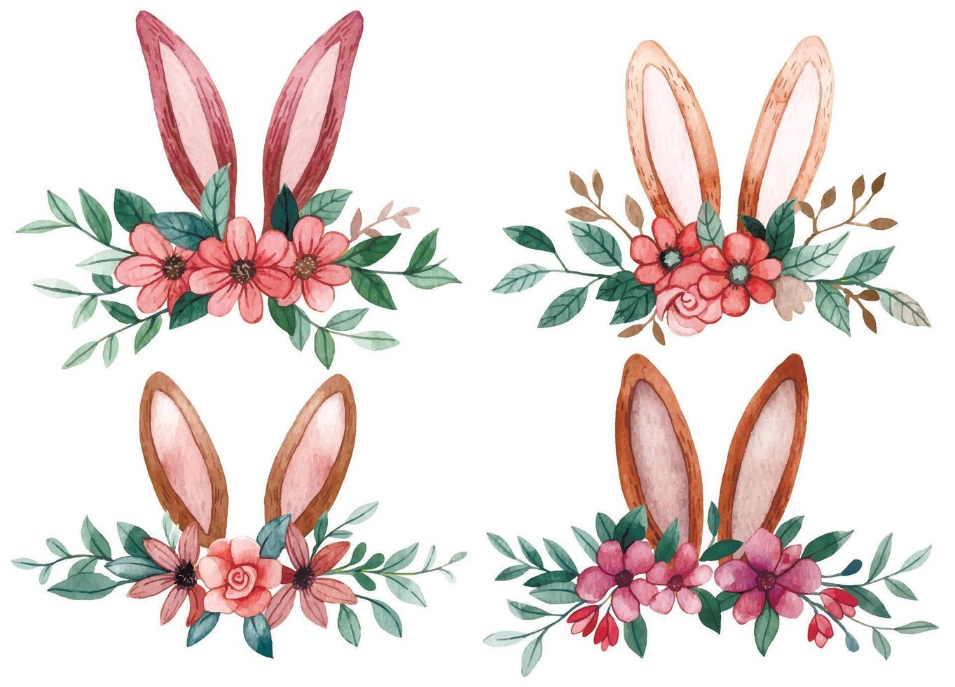 cute watercolor illustration for easter. set of compositions of Easter bunny ears in flowers. simple style vector