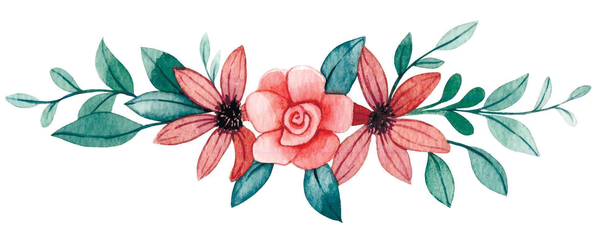 text divider. watercolor drawing of cute flowers and leaves, image in simple style. scrapbooking vector