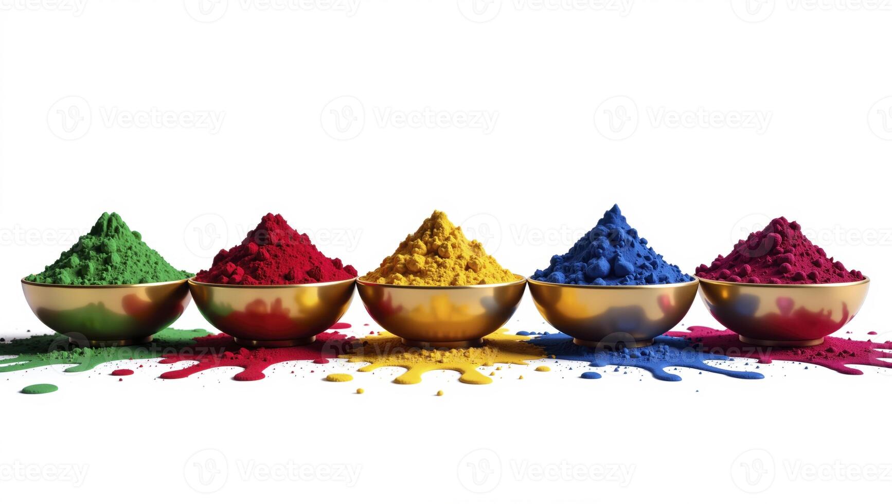 Row of bowls filled with different colored powders. The bowls are arranged in a line, with the first bowl on the left and the last on the right. The powders are of various colors, including red photo