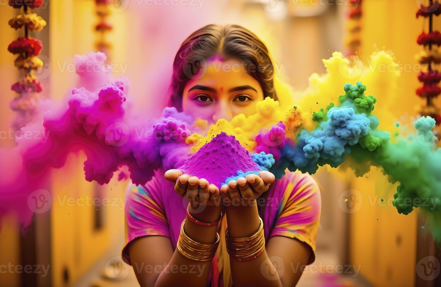 Woman is holding a handful of colorful powder, possibly for a celebration or festival. The powder is in various shades of blue, green, and pink, creating a vibrant and festive atmosphere photo