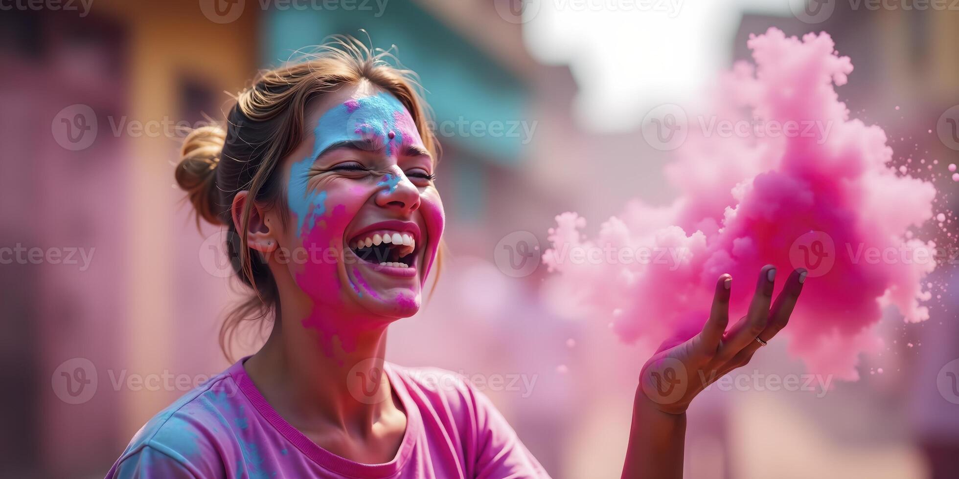 Woman is holding a pink cloud of smoke and smiling. Concept of joy and celebration, as the woman is participating in a colorful event or festival. The pink smoke adds a whimsical photo