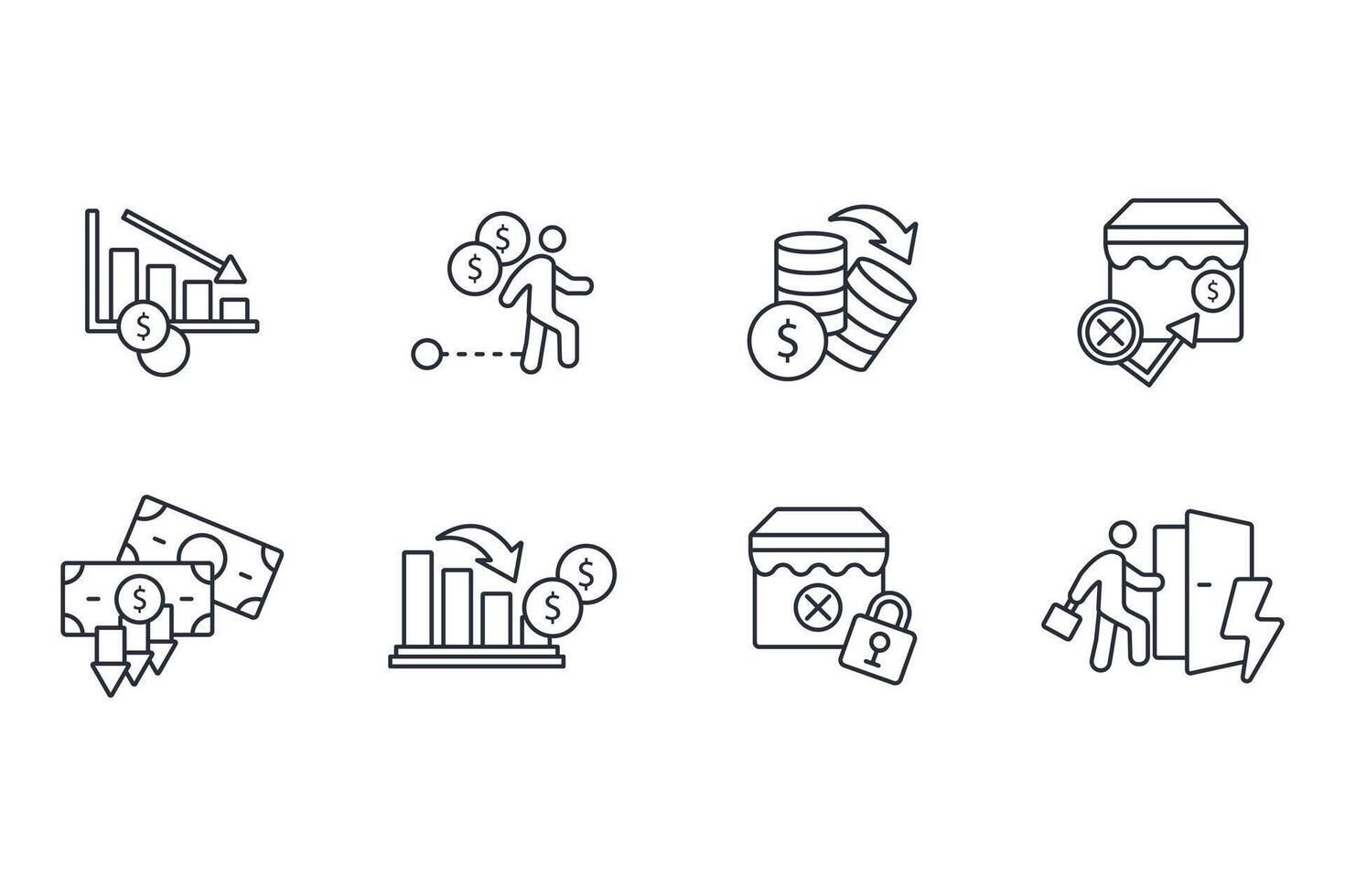 Business failure icon set..Editable stroke.linear style sign for use vector