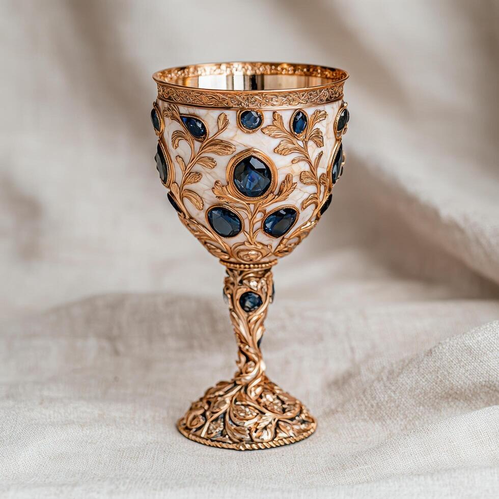 Ornate gold chalice with blue gems photo