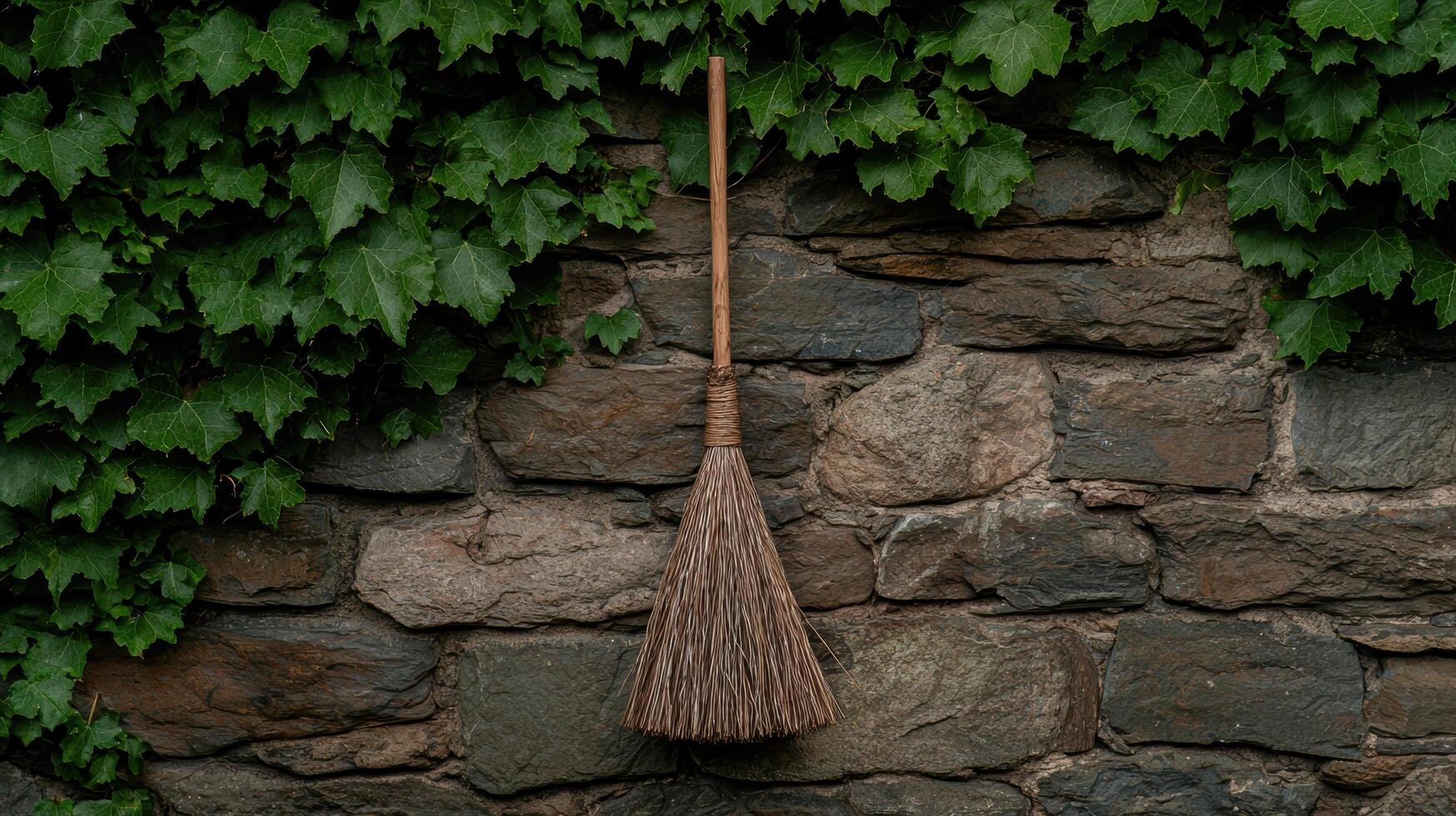A rustic broom hangs on a stone wall covered in ivy photo