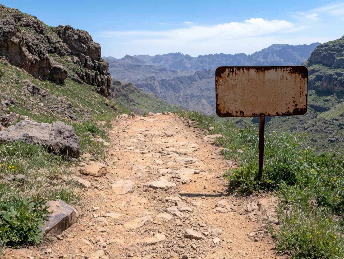 Rusty signpost on a mountain trail. photo