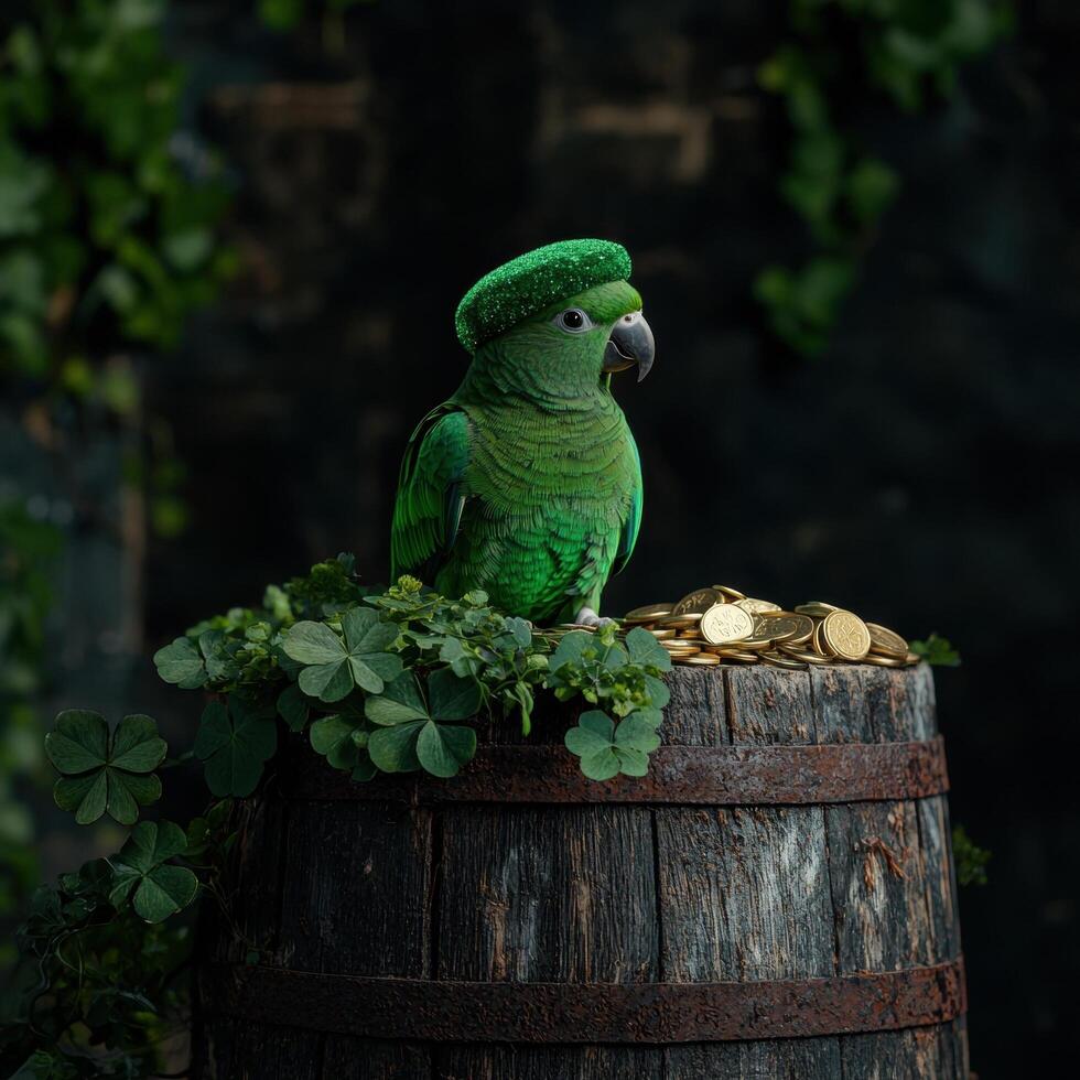 Green parrot wearing a festive hat sits on a barrel of gold coins photo